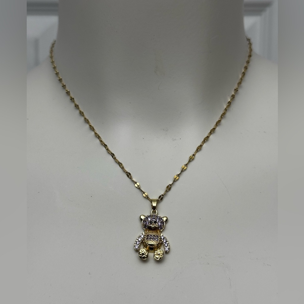 Gold Stainless Steel Teddy Bear Pendant Necklace – 18" New